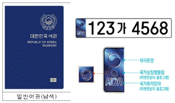 새로운 전자여권과 승용차 번호판 디자인이 확정됐다. (사진: 왼쪽 차세대 전자여권 일반용 디자인, 오른쪽 승용차번호판 디자인/ 정부 제공)