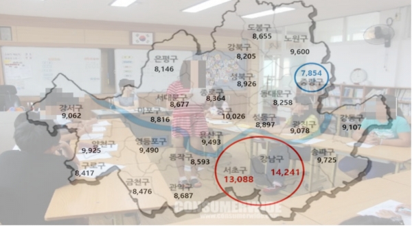 서울 지역 초등학생 영어학원비가 1시간당 9432원으로 전 과목 중 가장 비싼 것으로 나타났다. (자려: 한국소비자단체협의회/ 배경사진: 컨슈머와이드 DB)