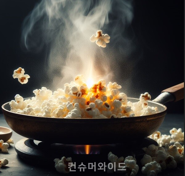 프라이팬에 팝콘 튀기기, 약 15분 정도 소요된다 (사진 제공 : 박은주 / 출처 :Dall-e Image Creator)