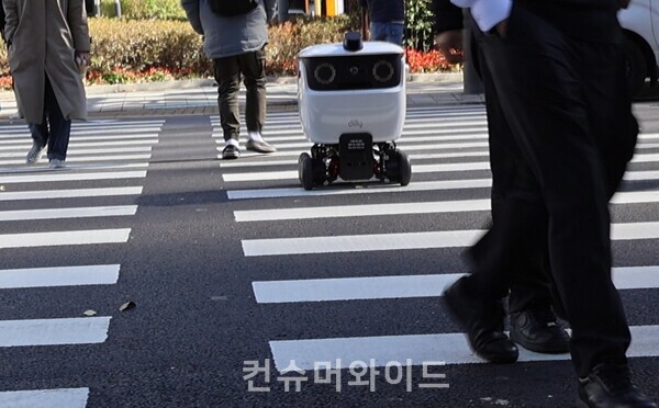 실외 배달 로봇이 행인들 사이로 건널목을 건너고 있다./사진: 전휴성 기자
