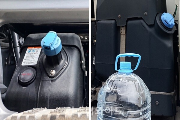 Photo on the left is the AdBlue mouth (indicated as "UREA"), and the right is the AdBlue mouth and bottle. AdBlue mouths are located in different parts of trucks, depending on the manufacturer's model. AdBlue is a transparent liquid, and products that are imported in Korea are made out of coal-based urea concentrate. ( Photo : At one of the Busan Newport Truck Terminals, Bok Yohan)