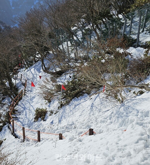  삼각봉 대피소를 지나자마자 분위기가 바뀌어 온통 새하얀 눈 세상이었다.  (사진 제공 : 문성민)