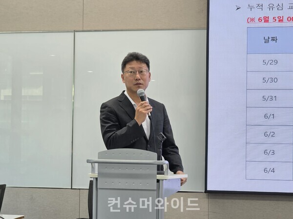 5일 SKT 데일리 브리핑에서 김희섭 PR센터장이 유심교체 현황을 발표하고 있다.ⓒ컨슈머와이드 전휴성 기자